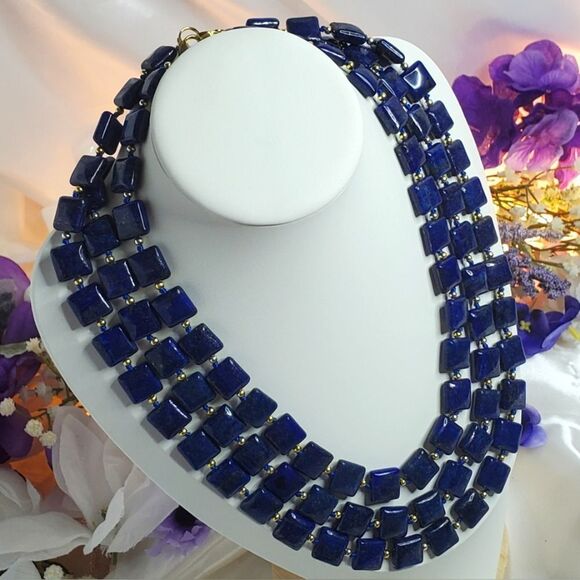 Natural Deep Blue Lapis Lazuli 12mm Flat Square Triple Strand Necklace 14K Gold - Picture 7 of 9